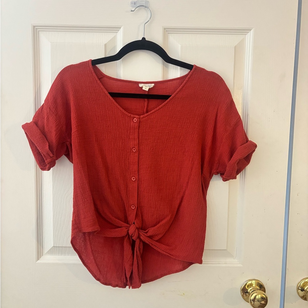 Garnet Hill Burnt Orange Women's Tie-Front Top 100% organic cotton gauze Y2K 4